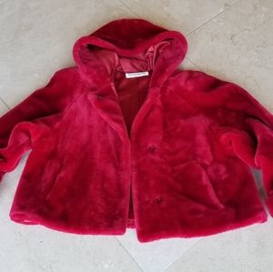 Faux fur jacket, Donnybrook, made in USA, Medium, Red with red satin lining